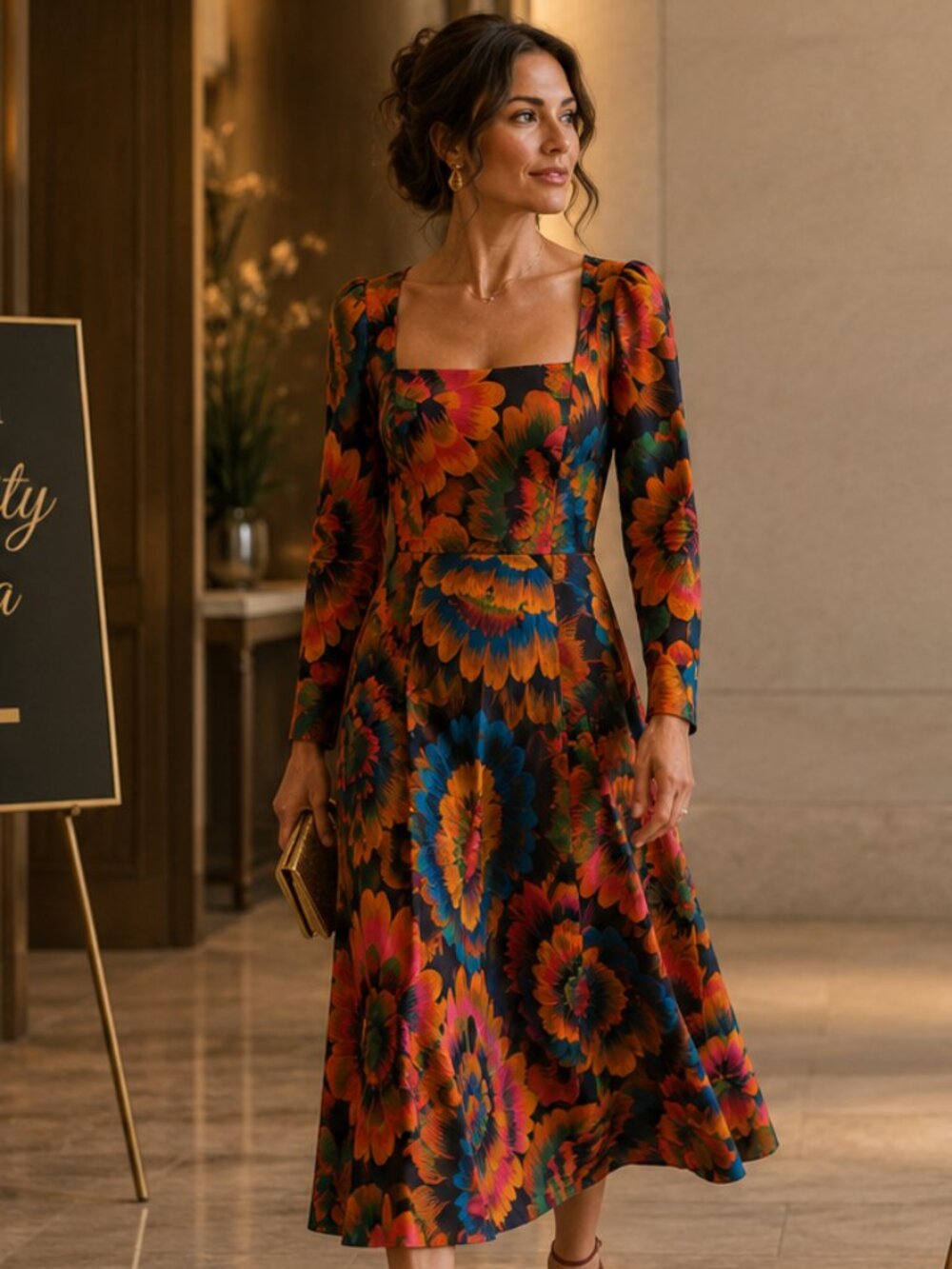 FARM Rio Black Midi Dress with Orange, Blue and Pink Floral Print